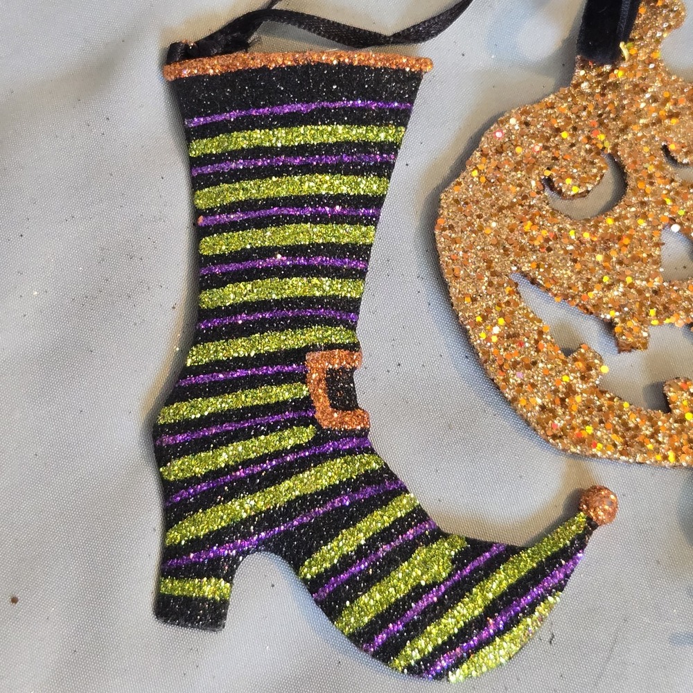 Halloween Glitter Ornament Lot Witch Boot Hat Jack O Lantern Spider Set of 3 - Picture 8 of 8